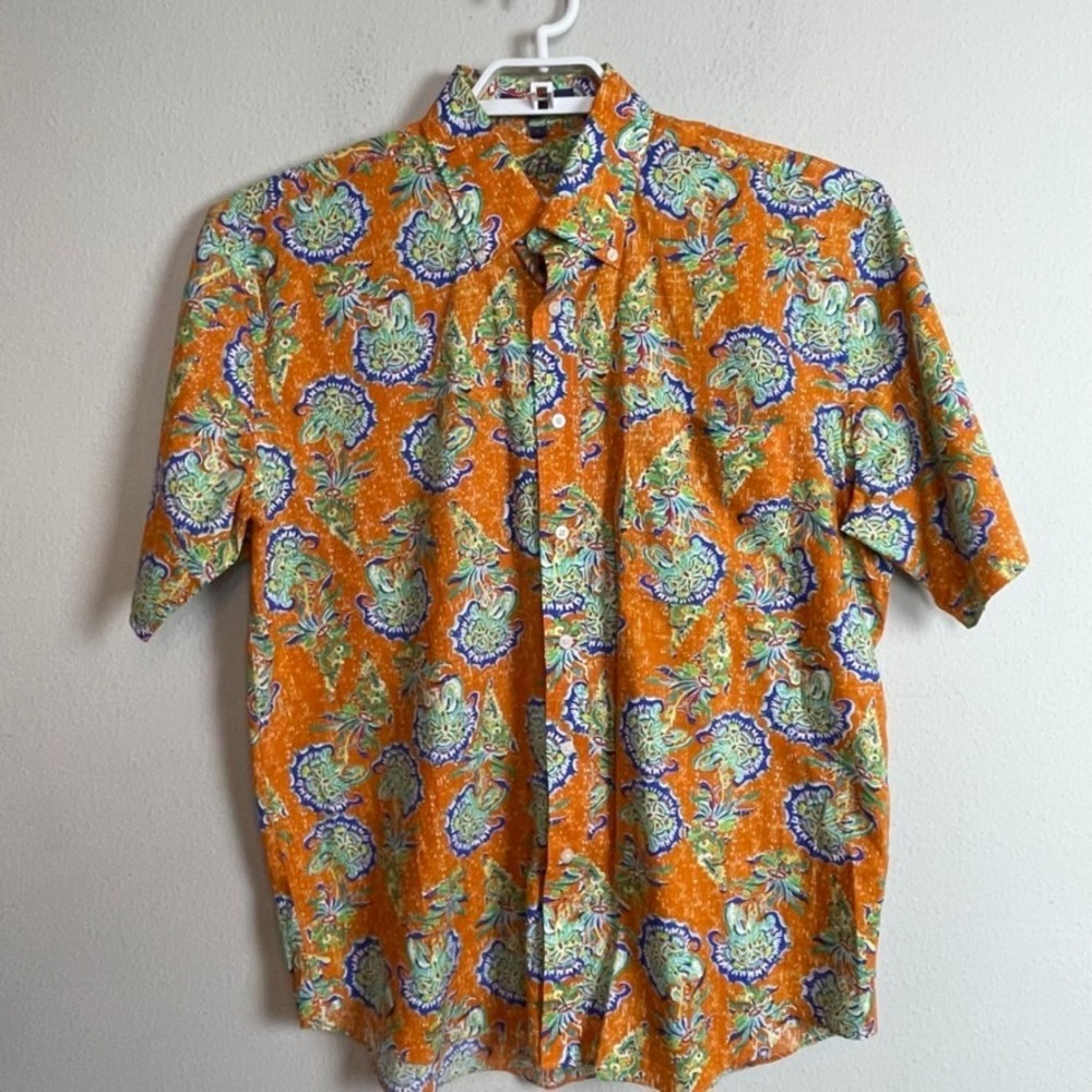 Alan Flusser‎ L Floral Shirt Orange Green Blue Cotton Resort Vintage Coastal